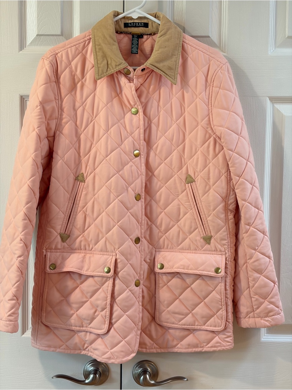 Lauren Ralph Lauren Pink Quilted Barn Jacket with Tan Corduroy Accents Size L